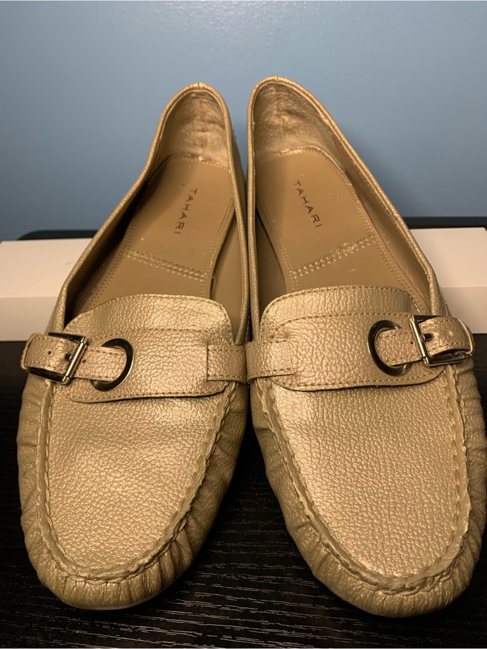 Tahari Gold Metallic Leather Driving Loafers